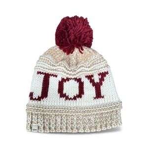 ED Love Beanie Knit Cap Hat with "JOY" text and maroon Pom Pom